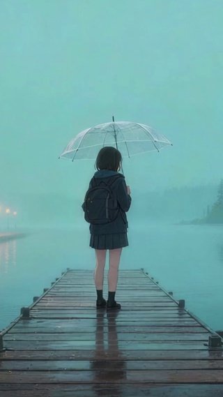 雨天湖滩栈桥