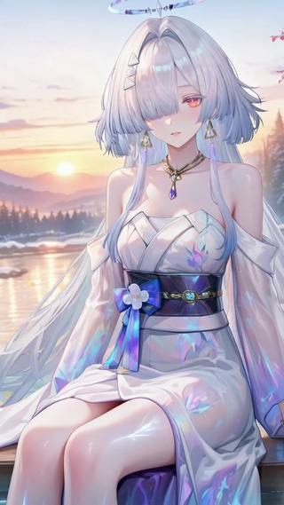雪景温泉银发二次元美少女