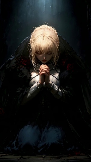 暗教堂祈祷的金发美少女
