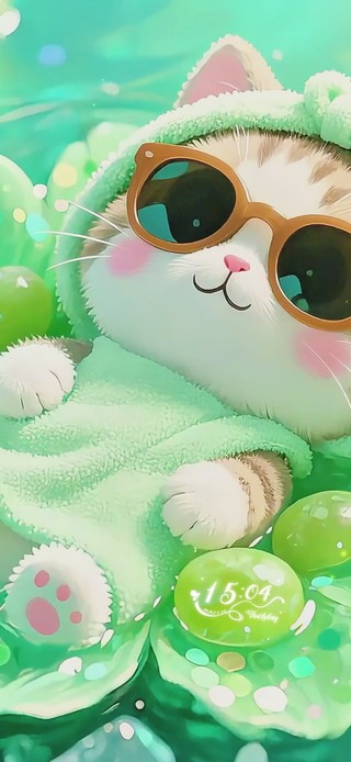 夏日青提冰浴里的墨镜萌猫