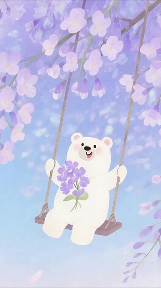 紫藤花下荡秋千的小熊
