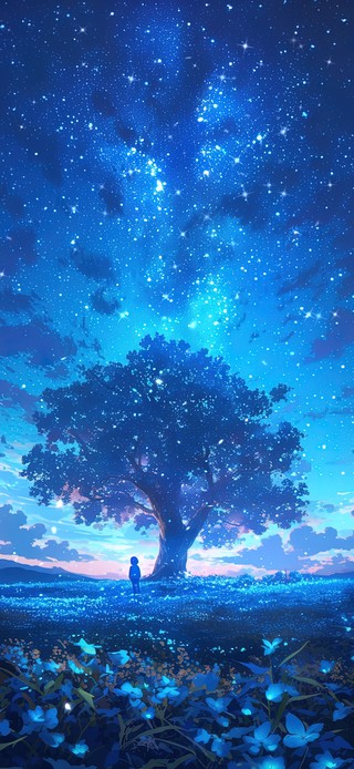 唯美静谧星空下的草原孤树