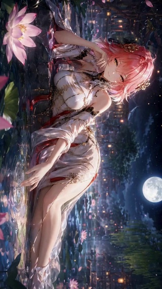 月下荷塘粉发少女