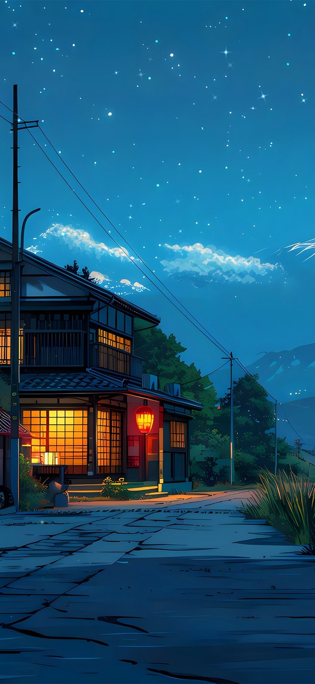 夜空雪山湖水小屋