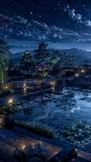 静谧月夜星空园林美景