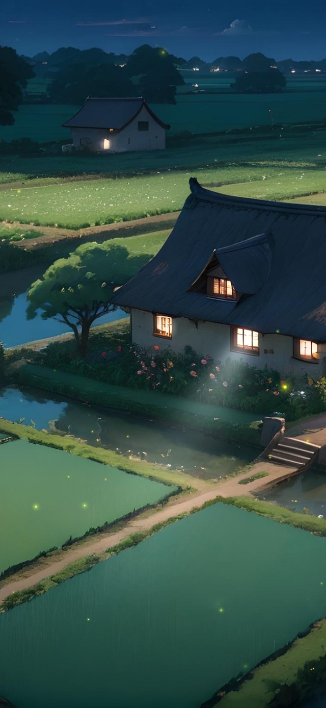 夜晚农田水渠小屋(风景手机动态壁纸) - 风景手机壁纸下载 - 元气壁纸