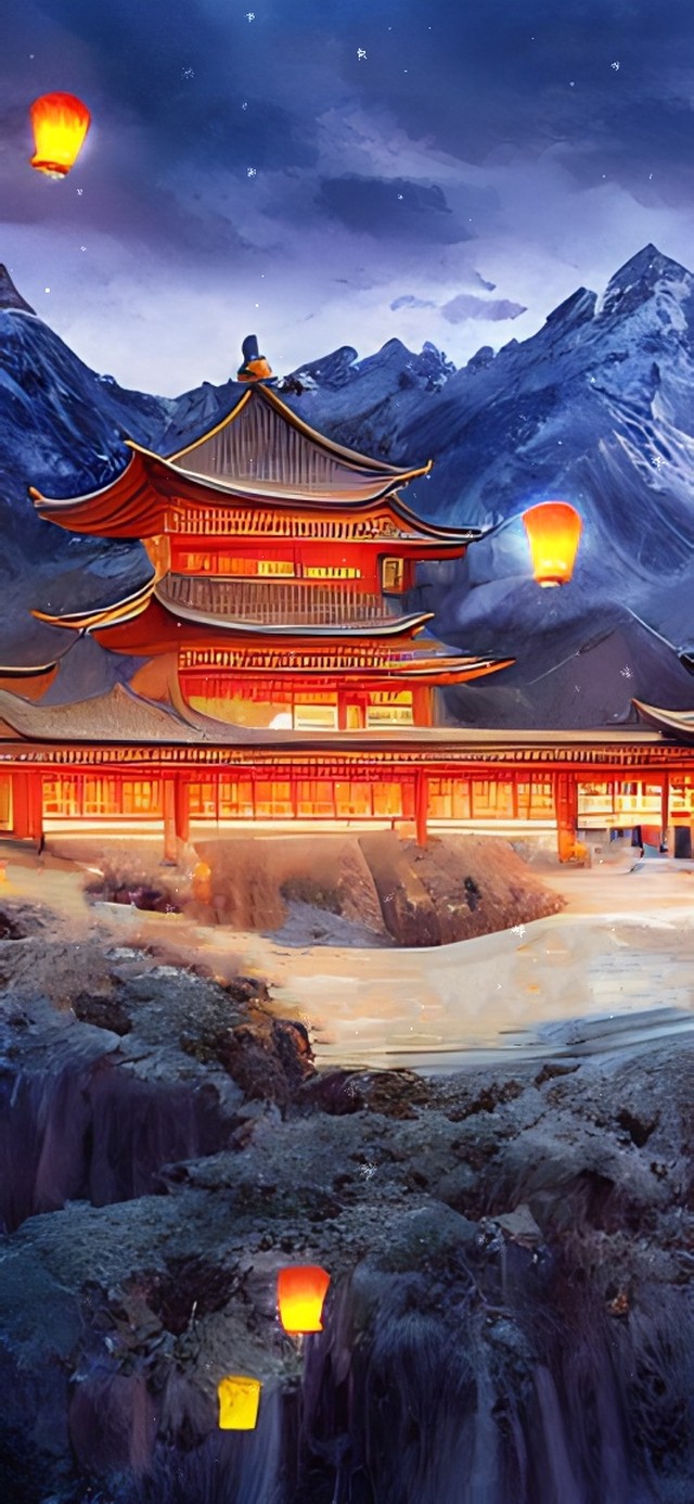 雪中古风建筑孔明灯