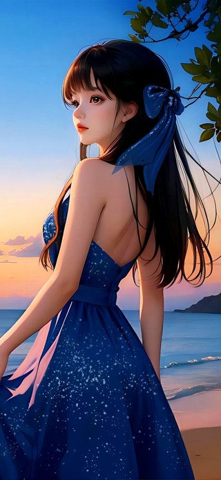4K海边欣赏夕阳的优雅少女