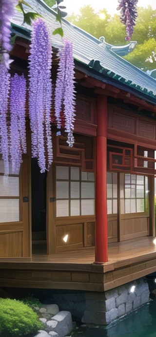 河边古风紫藤花小屋