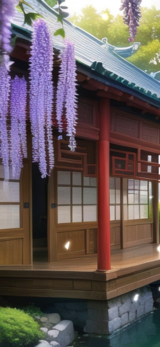 河边古风紫藤花小屋