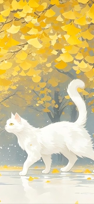银杏树下优雅的白猫