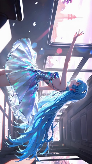 夕阳下列车里的蓝发炫彩少女