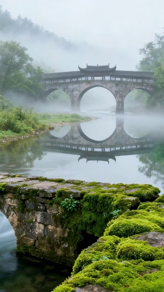 雾染青山古桥溪流