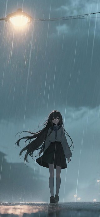街边雨幕中少女