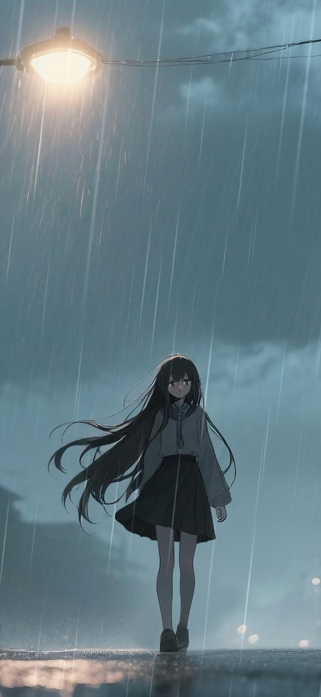 街边雨幕中少女