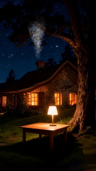 夜景房屋树木河流