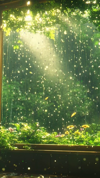 护眼窗外雨天雨滴树木绿景