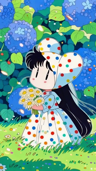 绣球花海里的波点裙少女