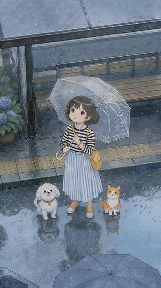 雨中巴士站的少女与萌宠