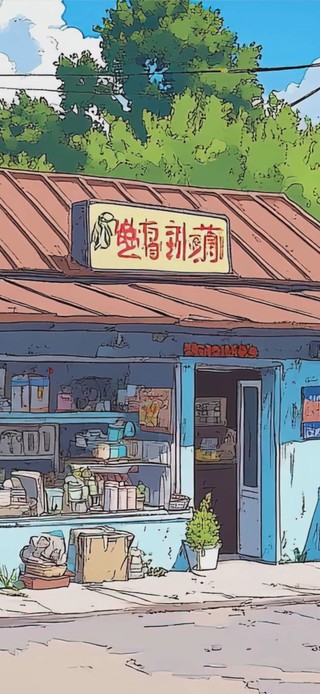 蓝天白云树木房屋绿景