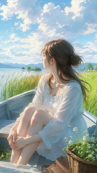 湖畔小舟清新治愈少女风景