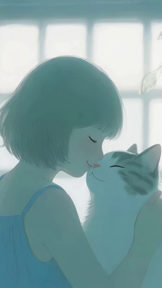 窗边猫与女孩