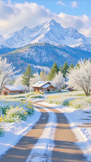 唯美冬日村庄小路