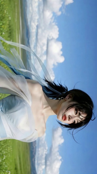 草原蓝裙清新少女