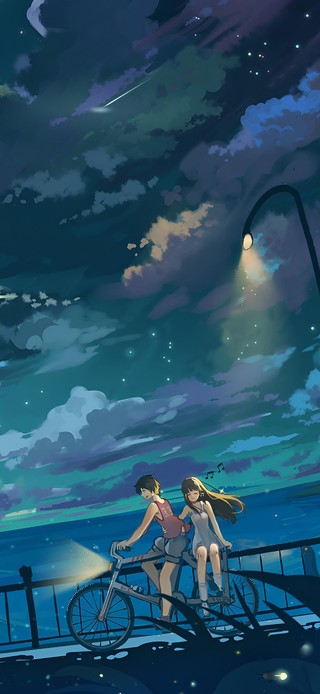 唯美星夜海边单车小情侣回忆美好