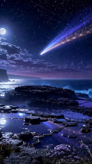 月夜海岸流星星空夜景