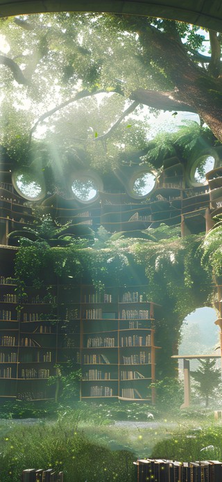长满绿植的图书馆