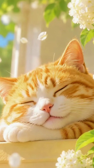 暖阳花畔酣睡的橘猫