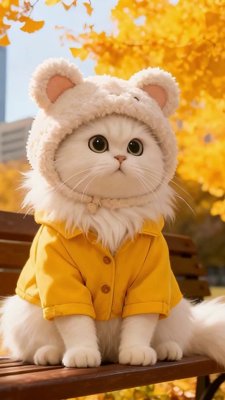 秋日落叶长椅上小猫