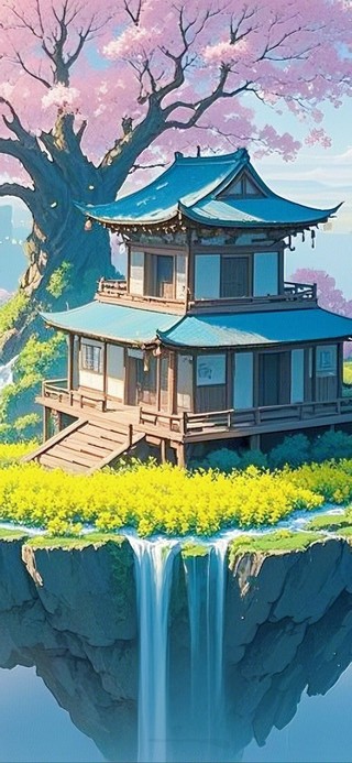 空中樱花油菜花田小屋