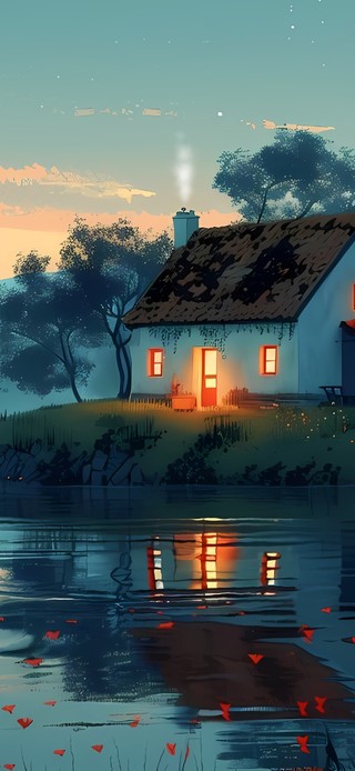 夜晚湖边小屋