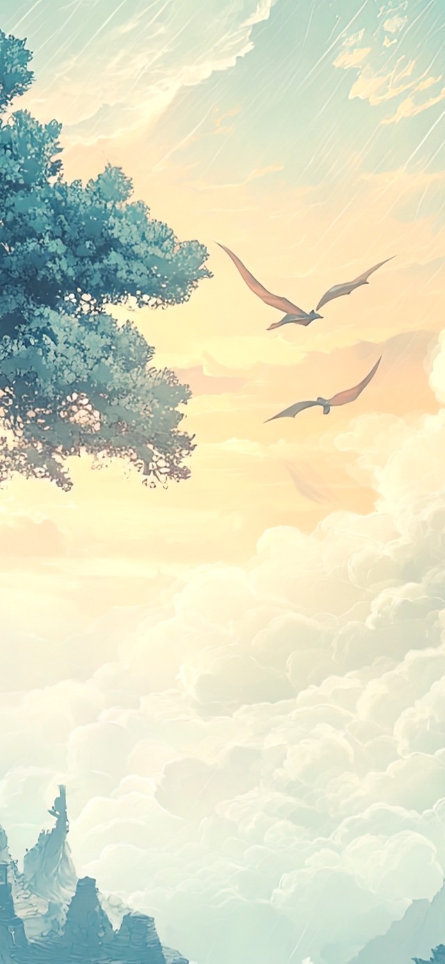 神山上的落日飞鸟