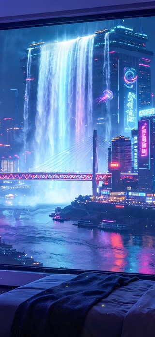夜晚赛博城市高楼瀑布
