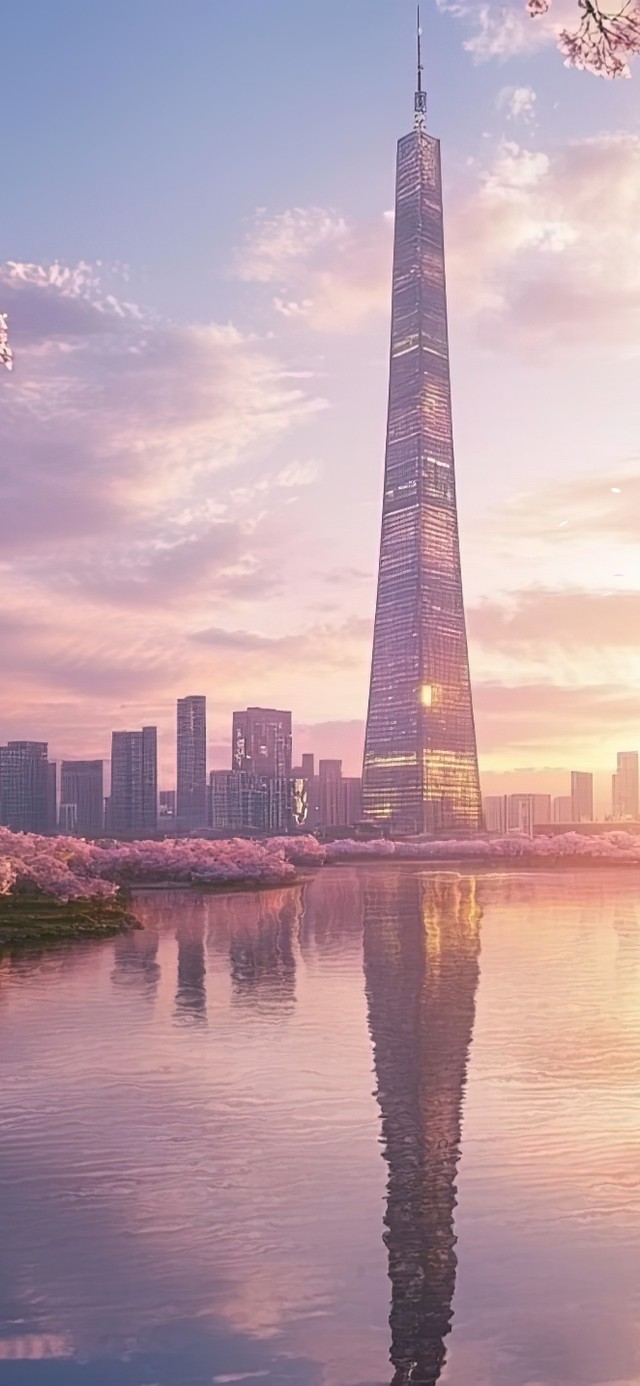 樱花湖畔的水中倒影