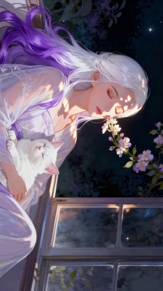 夜窗樱花少女与治愈白猫