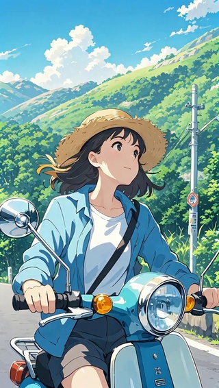 实况壁纸，少女风景动画小清新，山中风景，骑车的草帽少女，动画风格，高清4k， Ai视频，骑着我心爱的小摩托，悠闲自在，阳光明媚，护眼壁纸，护眼动态壁纸，白噪音，有声壁纸，沉浸治愈系