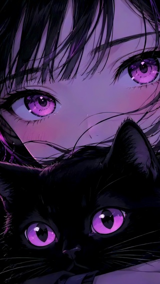 紫调樱花下的粉瞳少女与黑猫