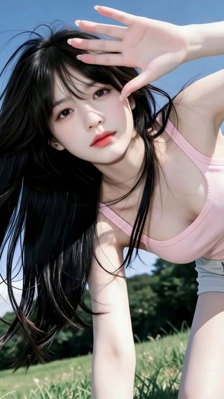 晴天草地清纯美少女