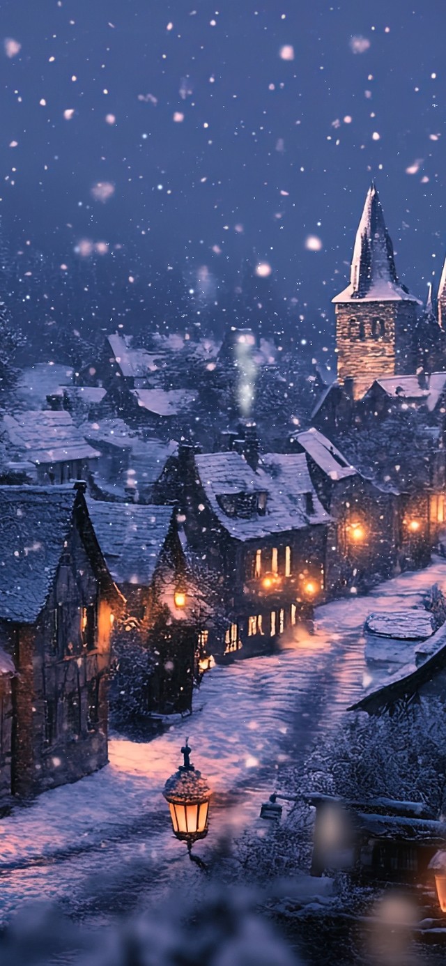 雪中的欧洲小镇夜晚