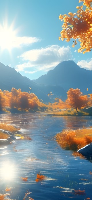 秋天美景枫树林山水河流湖泊