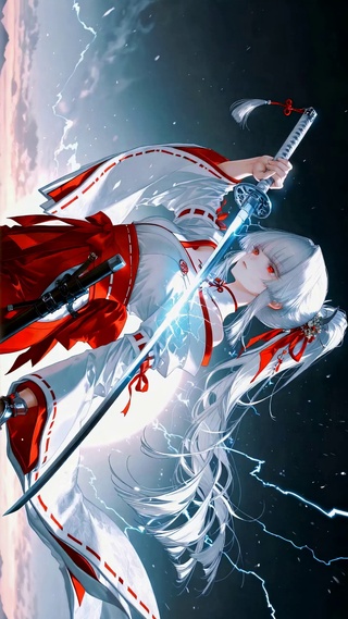 白发红衣巫女武士炫酷壁纸