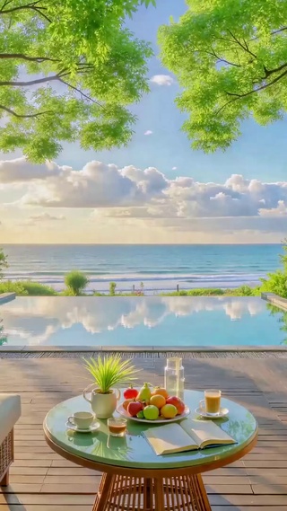 治愈临海庭院清晨海景