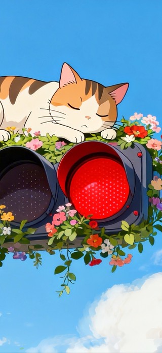 红绿灯上趴着的猫咪