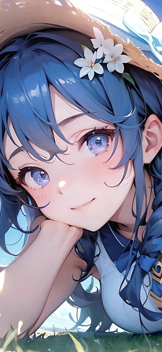 草地上享受初夏轻风的少女