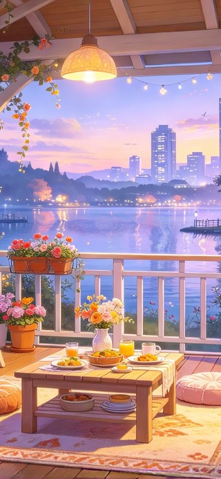 傍晚温馨湖边小屋