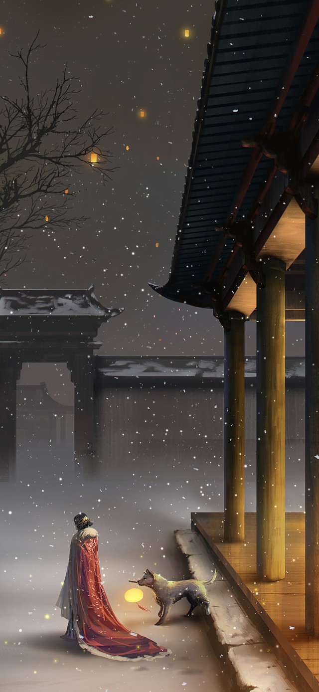 古风雪景许愿灯